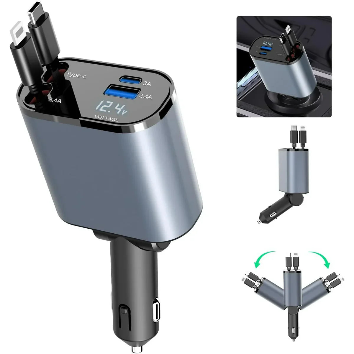 Retractable Car Charger Fast Charging, 4 in 1 Car Fast Charger