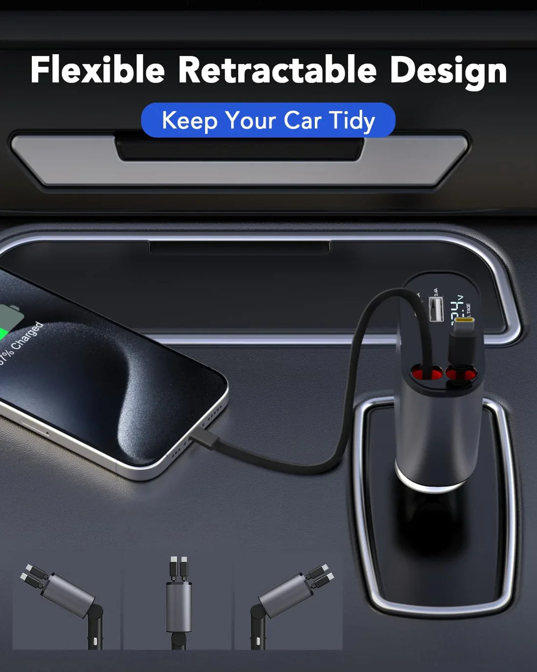 Retractable Car Charger Fast Charging, 4 in 1 Car Fast Charger