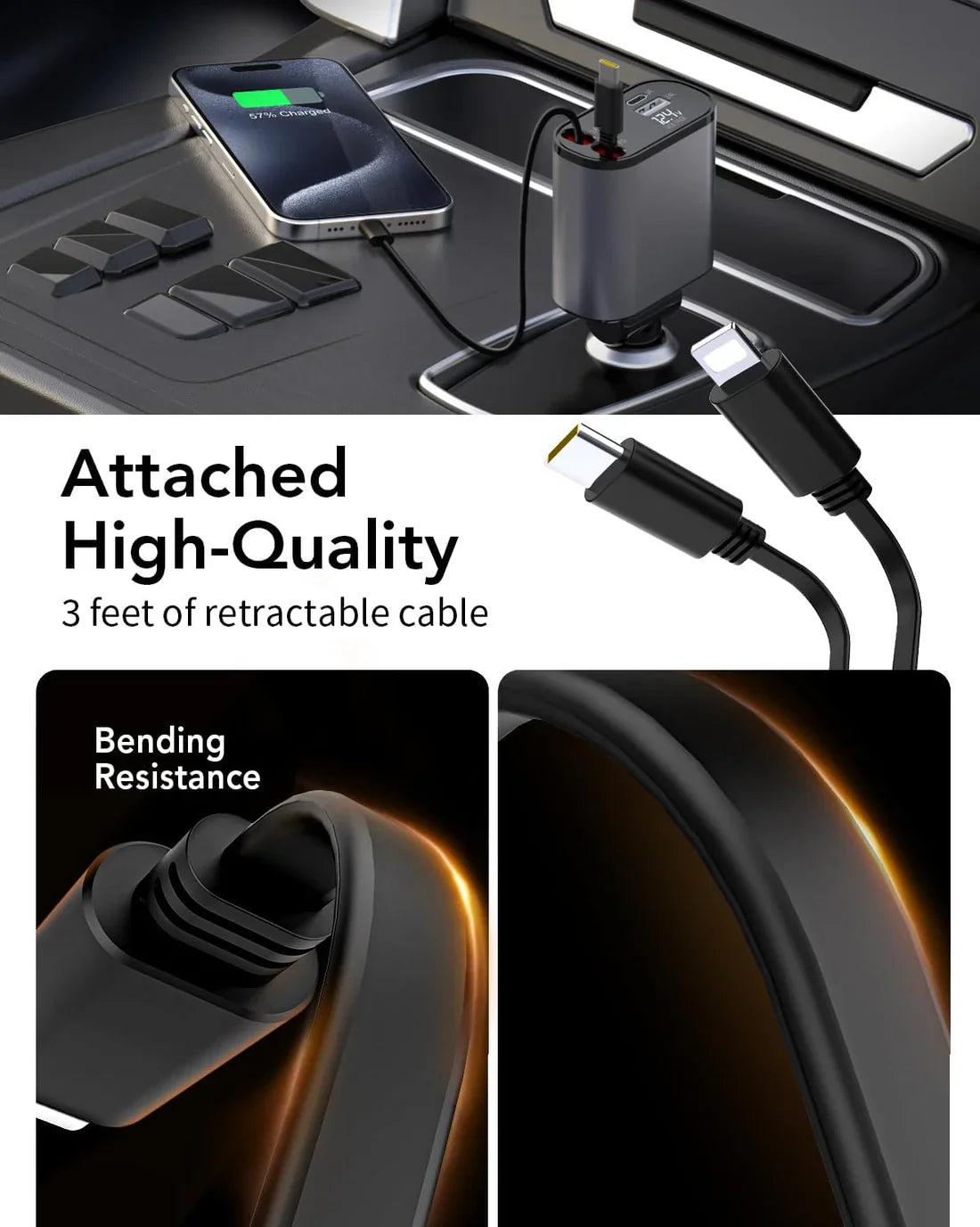Retractable Car Charger Fast Charging, 4 in 1 Car Fast Charger