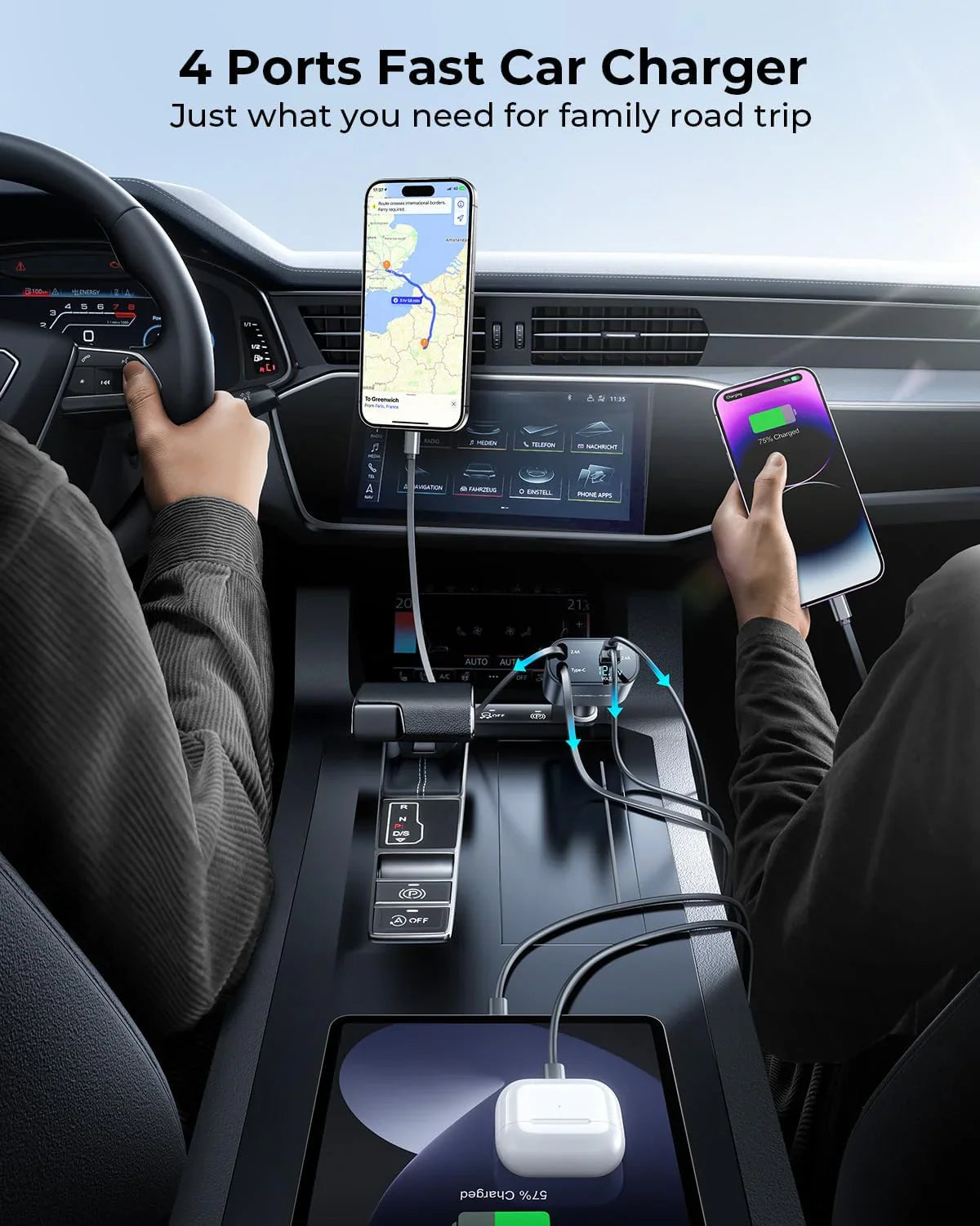Retractable Car Charger Fast Charging, 4 in 1 Car Fast Charger