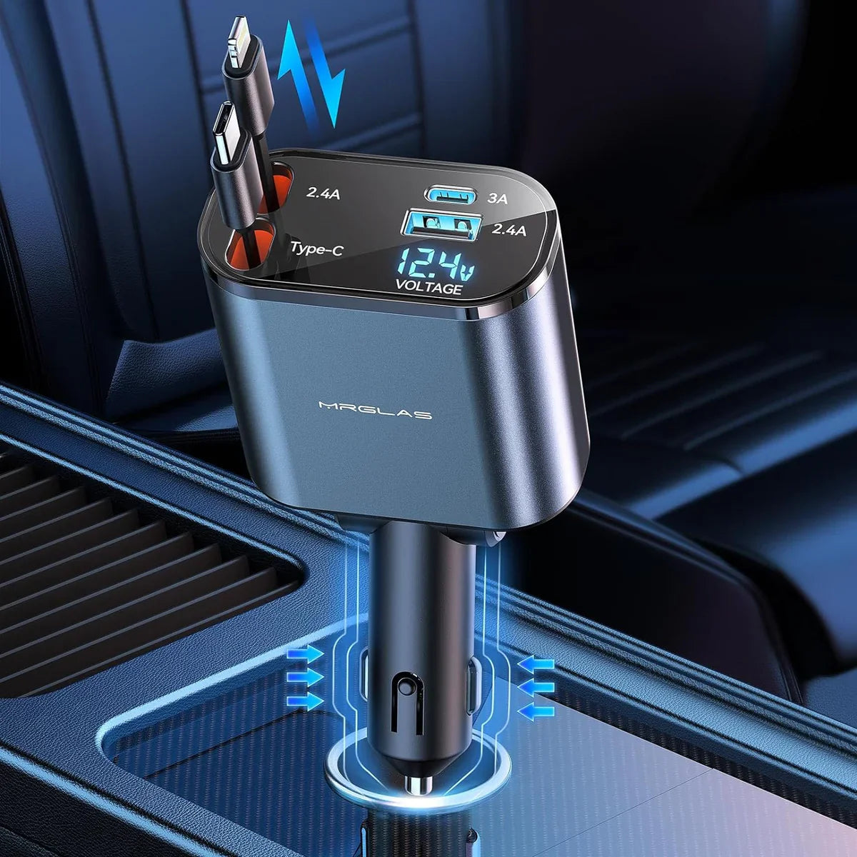 Retractable Car Charger Fast Charging, 4 in 1 Car Fast Charger